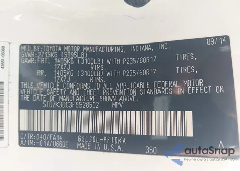 2015 Toyota Sienna L 7 Passenger z USA, uszkodzony, nr VIN 5TDZK3DC3FS528502